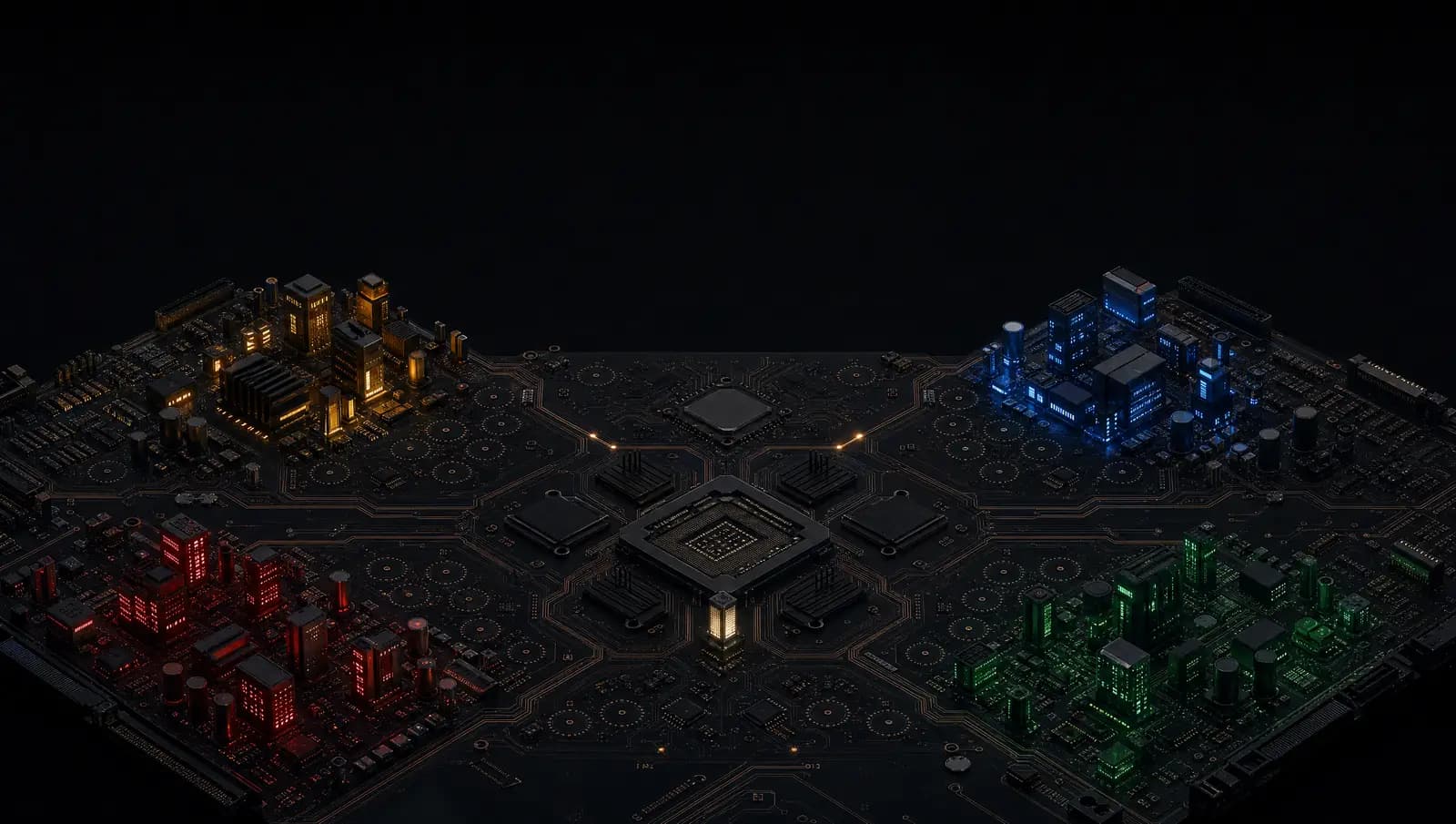 Het Moederbord als stad bij nacht: vier wijken in goud, blauw, rood en groen, met lichten aan